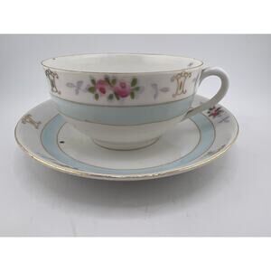 Vintage Tea Cup and Saucer Nippon Blue White Flowers Floral Gold‎